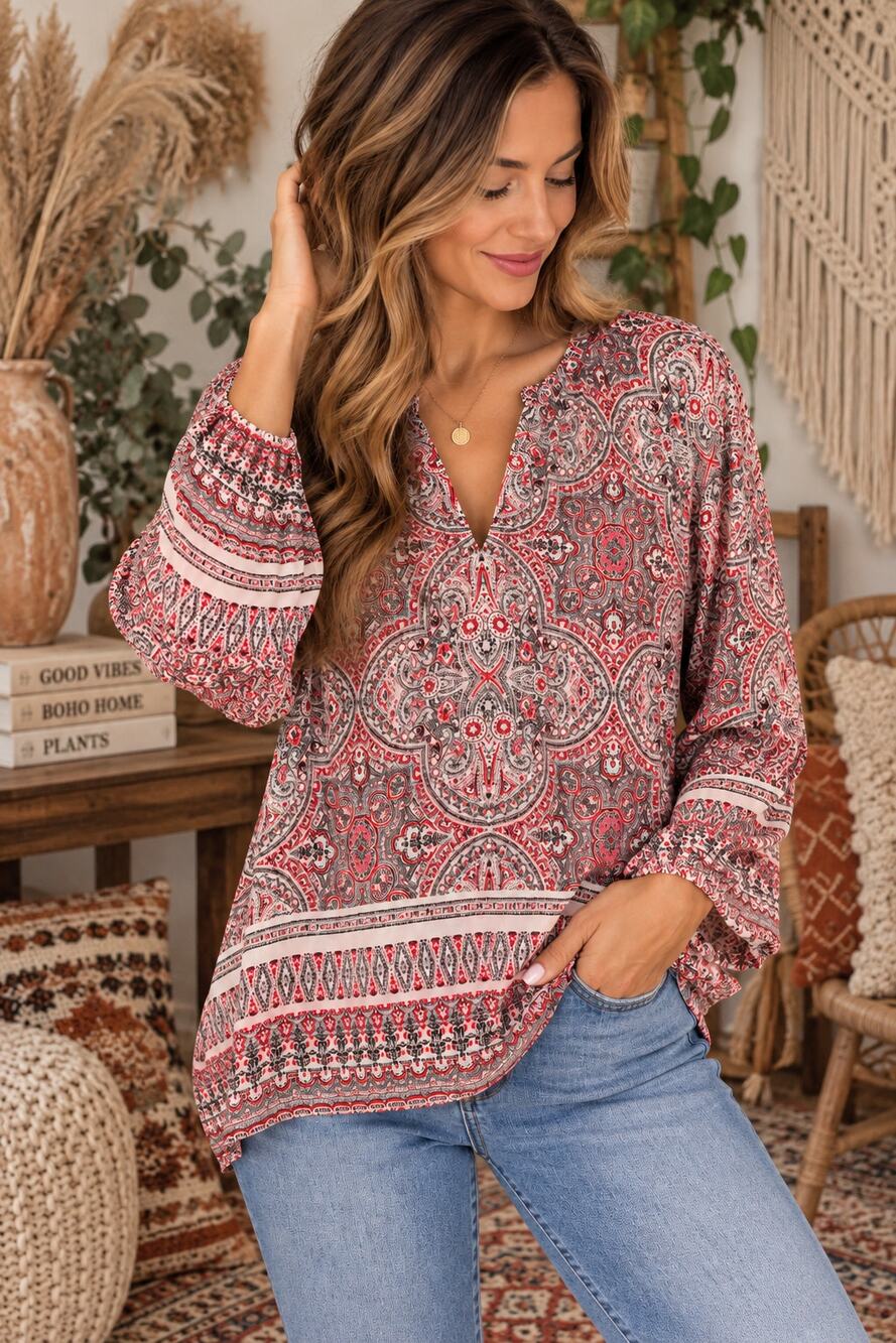 Violet + Claire Paisley Boho Tunic Top Red Gray Pink Long Sleeve M